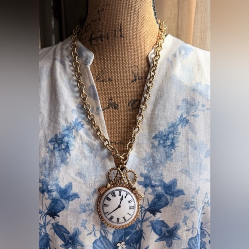 Vintage Clock Necklace Ceramic Pendant Textured Chunky Chain Statement Jewelry